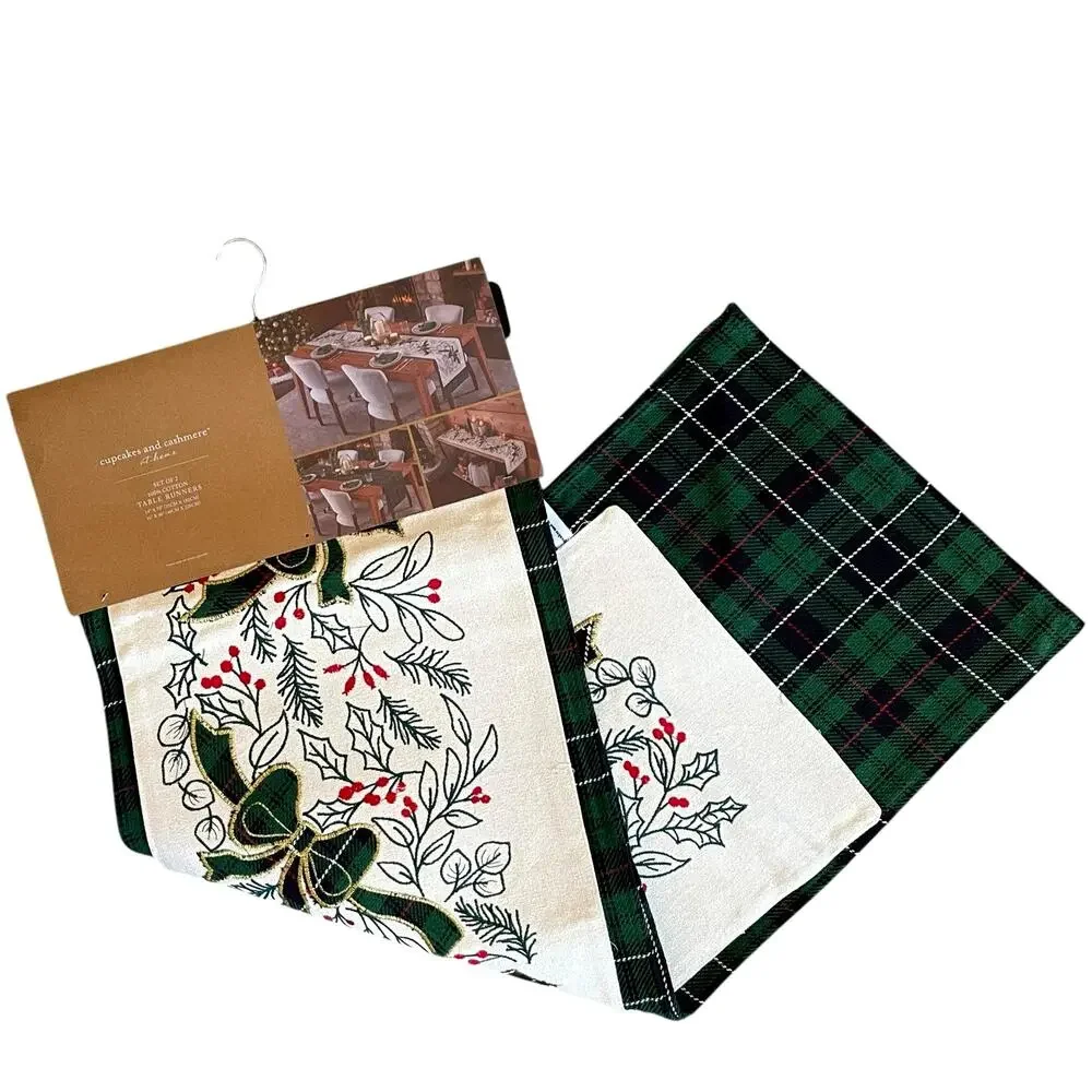 2pc Cupcakes & Cashmere Holly Berry & Bows Double Table Runner Tartan Plaid New